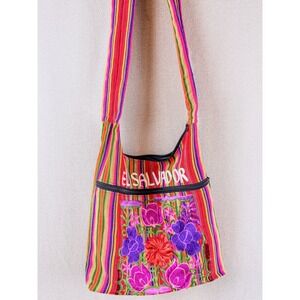 El Salvador Embroidered Floral Striped Crossbody Hobo Bag Woven Purse